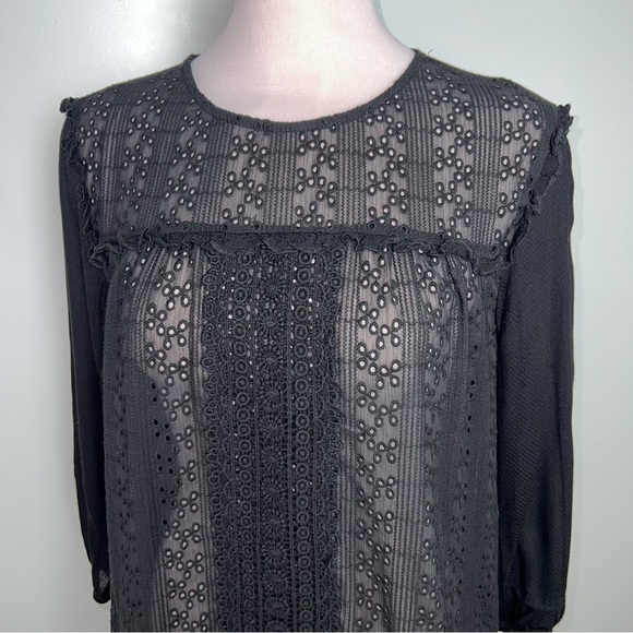 Knox Rose Black Eyelet Lace Blouse Large Boho Peasant Top Sheer Bohemian - Picture 4 of 13
